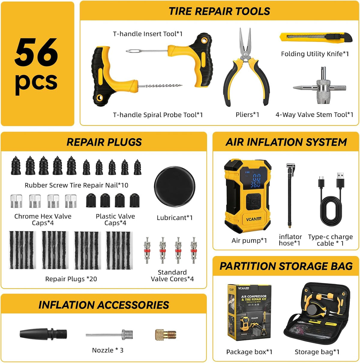 Flat Tire Repair Kit with Air Compressor, 150PSI Portable Air Pump with Auto-Stop & LED, Heavy Duty Tire Plug Kit for Car, SUV, Truck, Jeep, Motorcycle, Roadside Emergency Assistance (YELLOW)