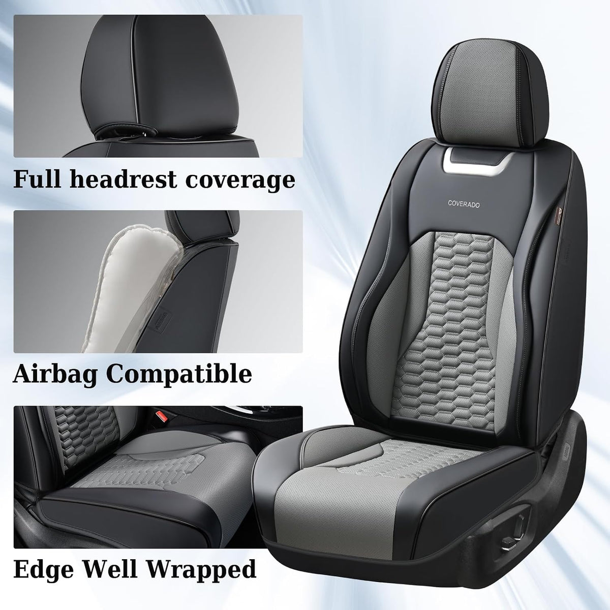 Coverado Car Seat Covers Front Seats, Luxury Leather Seat Covers for Cars, Automotive Car Seat Covers Protector Universal Fit Most Sedans, SUVs, Pick-up Trucks Interior Accessories(Black&Gray)