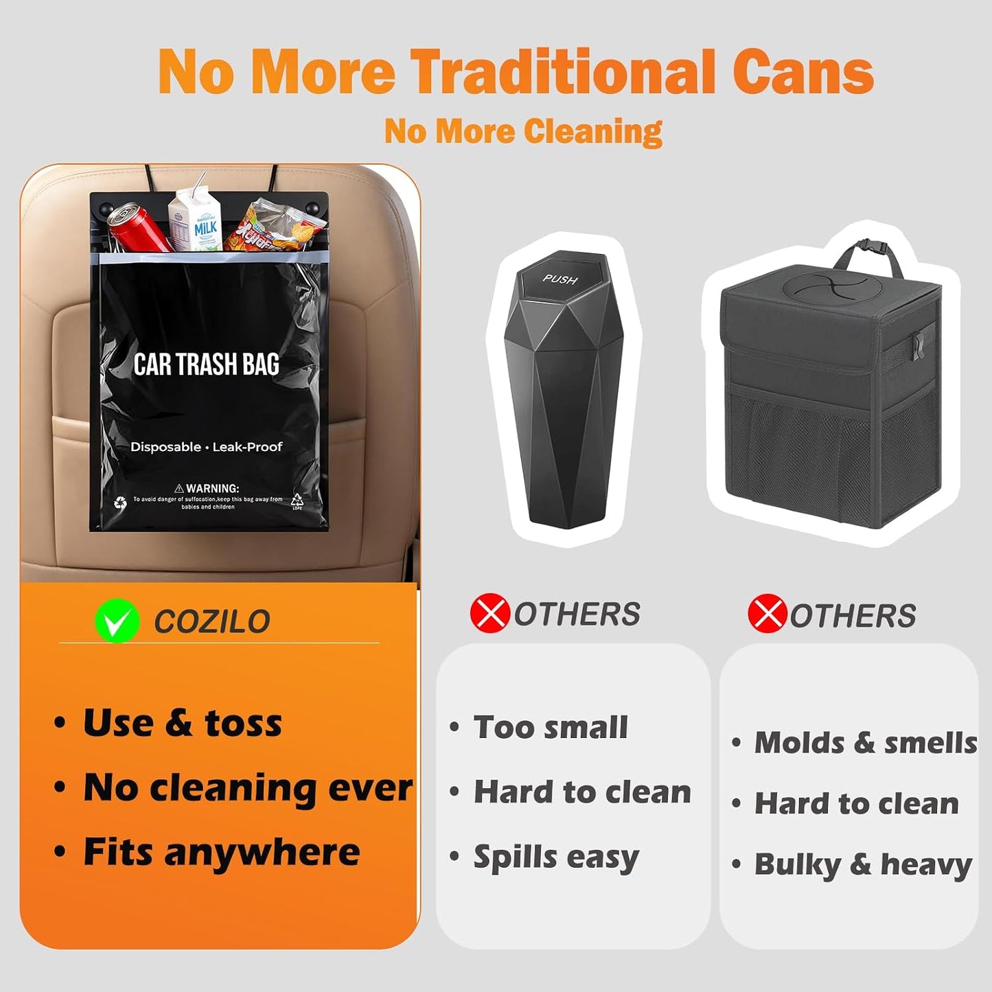 50 Count Recycled Disposable Car Trash Bags - 2.5 Gallon Heavy Duty Alternative to Bulky Car Trash Can & Car Garbage Can, Leakproof Smellproof Hanging & Stick-On Garbage Bag for Car, SUV, Truck