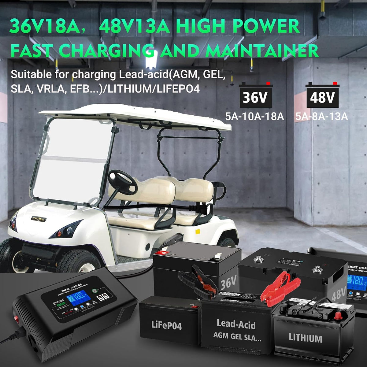 Golf Cart Battery Charger, 48Volt 13AMP and 36Volt 18AMP Smart Trickle Charger, 48V Golf Charger for EZGO RXV&TXT 3-Pin Triangular Plug,Lithium,LiFePO4,Lead-Acid AGM/Gel/SLA..Battery Charger