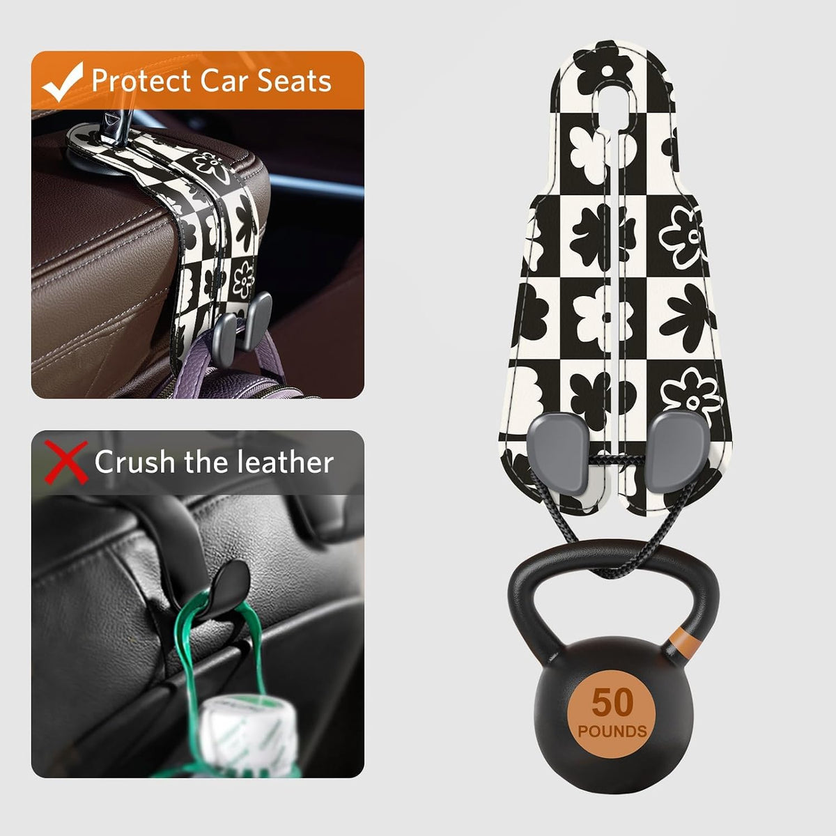 CoBak Purse Hook for Car - Universal Premium Stitched Leather and Aluminum-Magnesium Alloy Double Car Seat Back Storage Hook for Purses, Handbags, Bags (2 Pack),Chess Flower