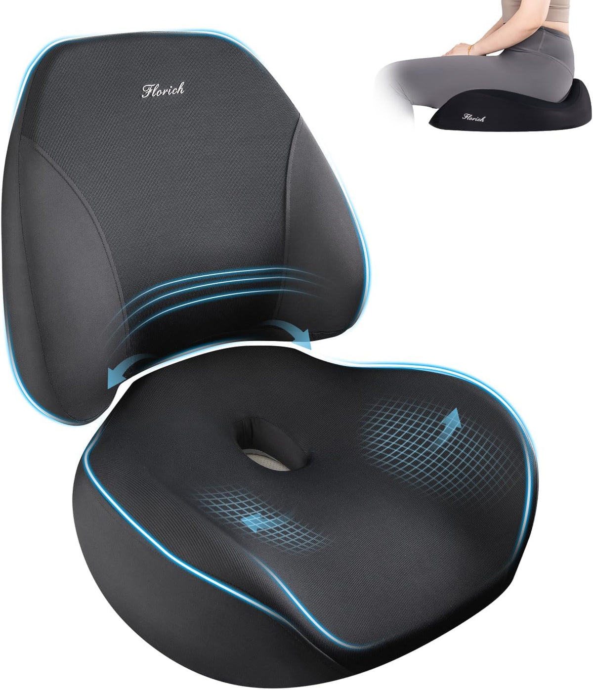 FLORICH Upgraded Ergonomic Memory Foam Car Seat Cushion with Lumbar Support, Non-Slip, Washable Driving Seat Cushion for Back & Sciatica Pain Relief, Large Car Seat Cushion Driver, Office-Black