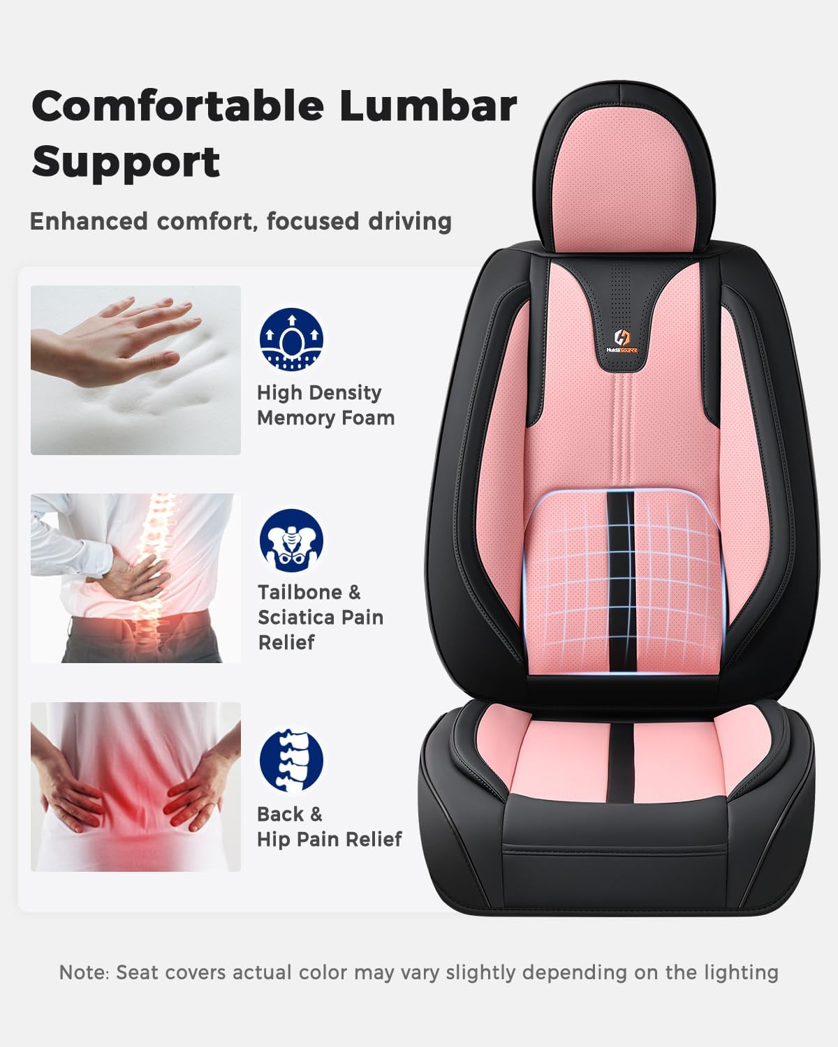 Huidasource Car Seat Covers Front Seats Luxury Nappa Leather, Front Seat Covers with Airbag, Front Storage Pocket, Lumbar Support, Cooling＆Heating, Universal Fit for Most Cars SUV Trucks, Black&Pink