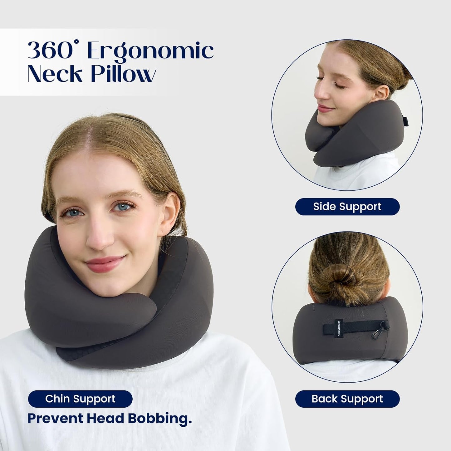 Dream Valley® Neck Travel Pillow, Memory Foam Travel Pillow for Airplane, Portable Roll-Up Neck Pillow with Cooling Inner Fabric, 360° Ergonomic Support, No Head Bobbing, Charcoal Gray