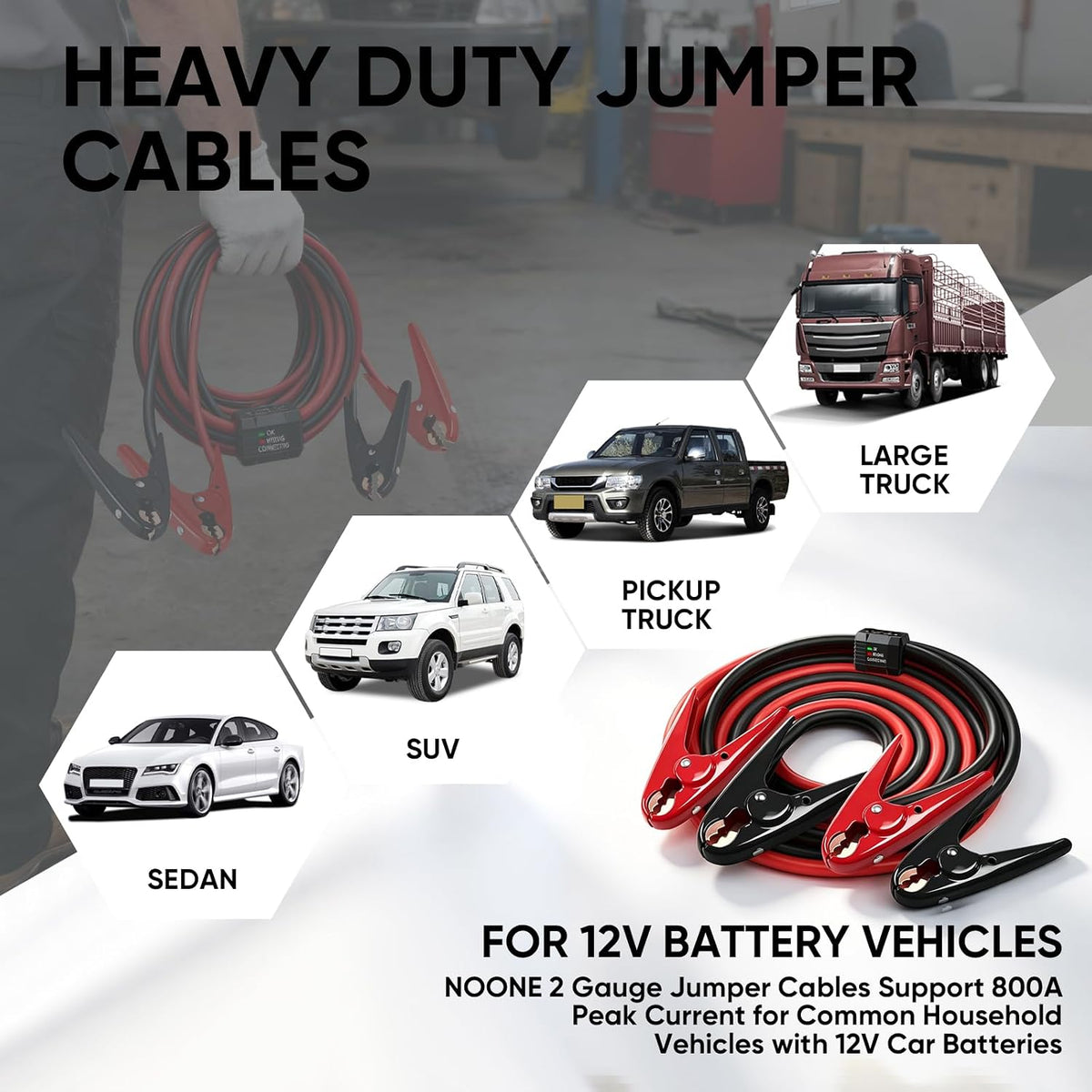 2 Gauge 20 Feet Heavy Duty Jumper Cables with Reverse Polarity Protection