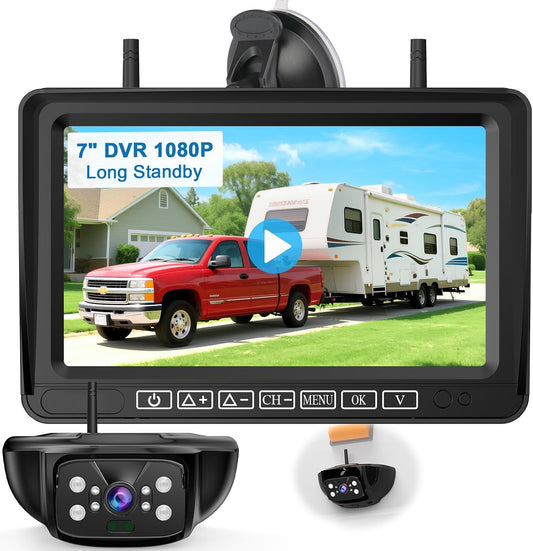 7-Inch Wireless Backup Camera for RV Trailer - 170° Wide Angle Camera with Ultra-Clear Night Vision - 4-Channel with Recording HD 1080P Monitor - Easy Installation Compatible with Furrion Pre-Wired