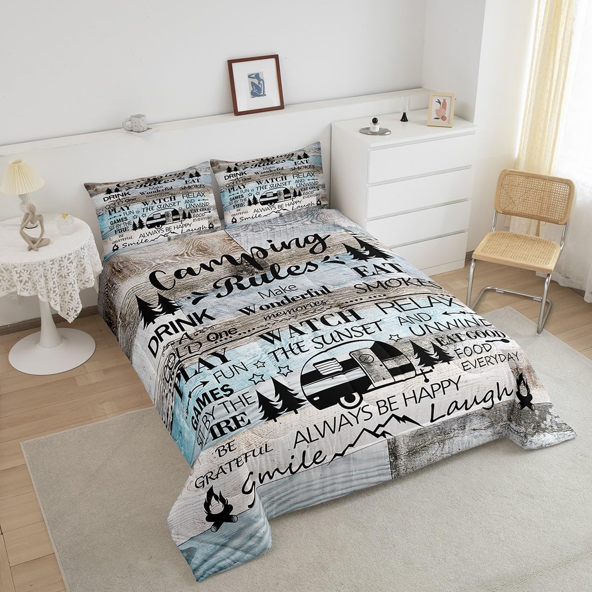 Happy Camping Camper Kids Comforter Set Twin Size,Rustic Farmhouse Adventure Cabin Bedding Set,Girls Boys Room Decor,Wooden Plank Cottage Lake House Quilt Comforter,Vintage Duvet Insert,1 Pillowcase