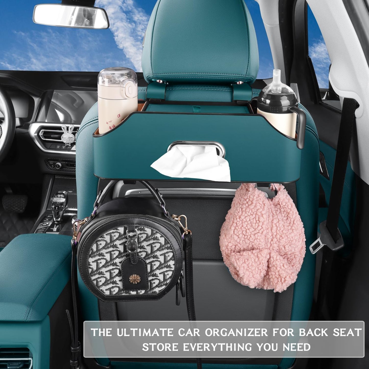 HOLDCY Car Back Seat Organizer with 2 Drink Cup Holder - Tissue Box and Storage Box Hook - Multi-functional Storage - Great for Kids and Travel (Blue)