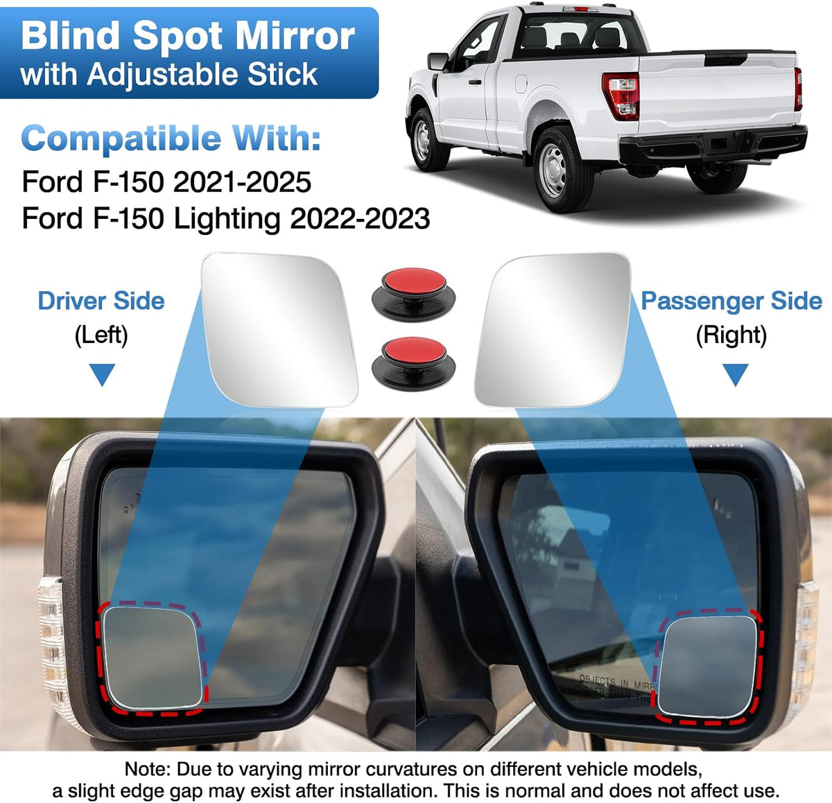 TOP-MAX Blind Spot Mirrors Compatible with 2021-2025 Ford F-150, 2022-2023 F150 Lightning, Convex Stick On Side Mirrors for Towing and Lane Changes Extended View, 2 Pack (Left & Right)
