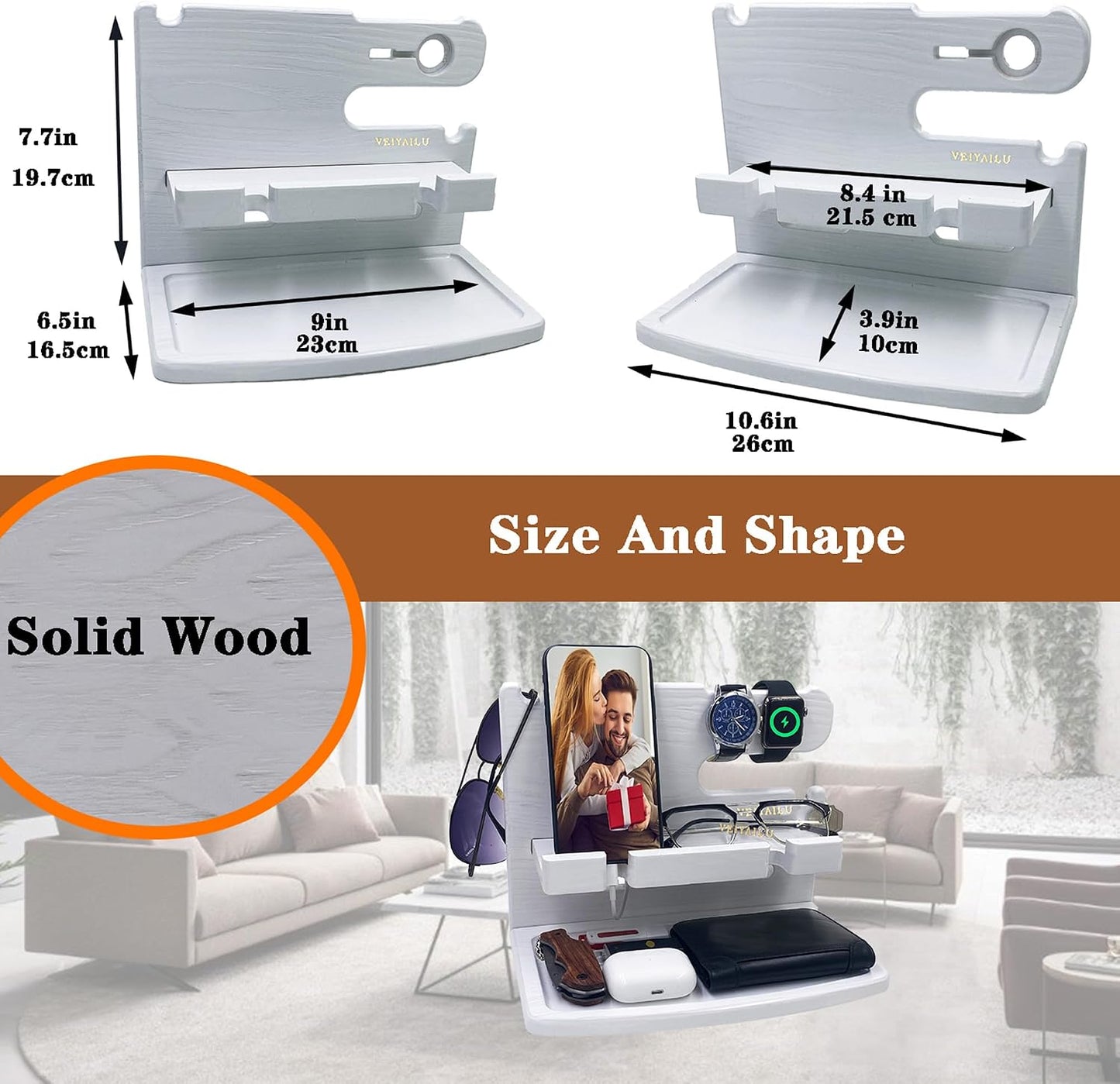 VEIYAILU Gifts for Women Girlfriend Him Men Dad Husband Boyfriend Nightstand Organizer Wood Phone Docking Station(White)