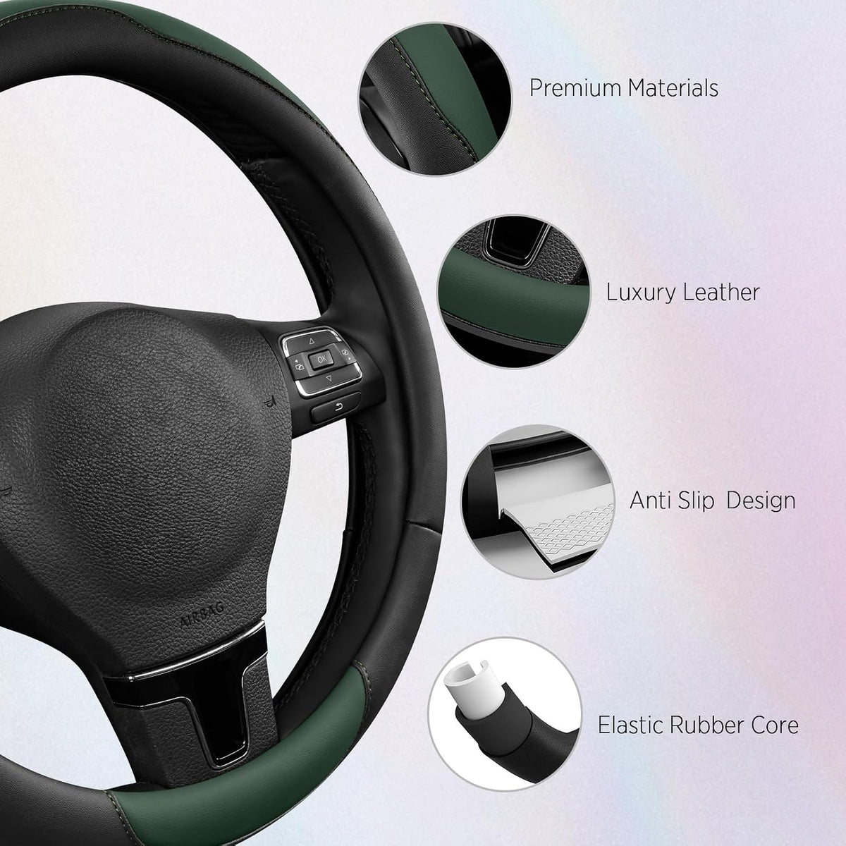 Road Comforts Steering Wheel Cover, Breathable Anti-Slip Leather Steering Wheel Cover, Universal Fit 14.5–15 Inch, Comfortable Grip - Green Color