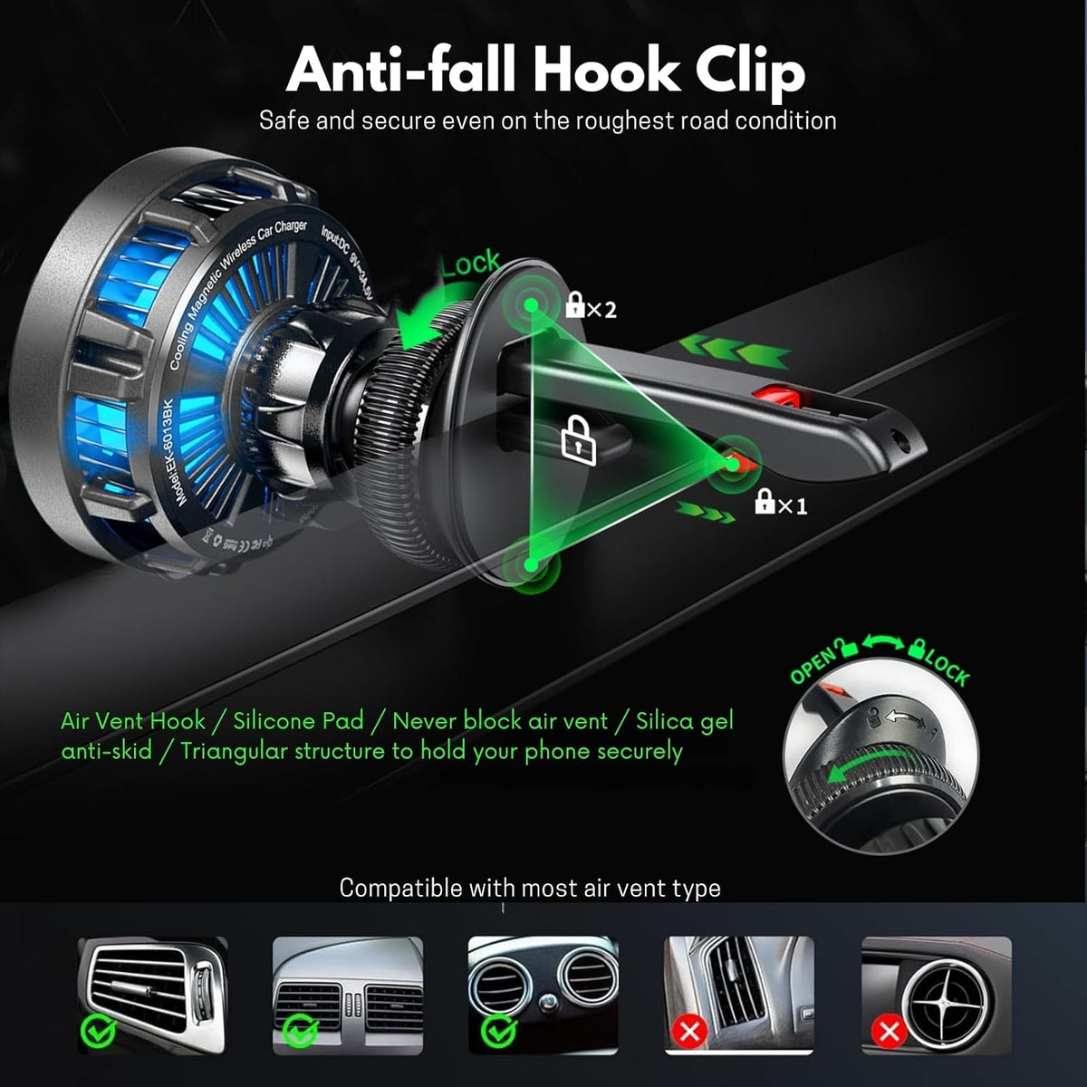 25W Cooling Magnetic Wireless Charger Air Vent Phone Mount for Car