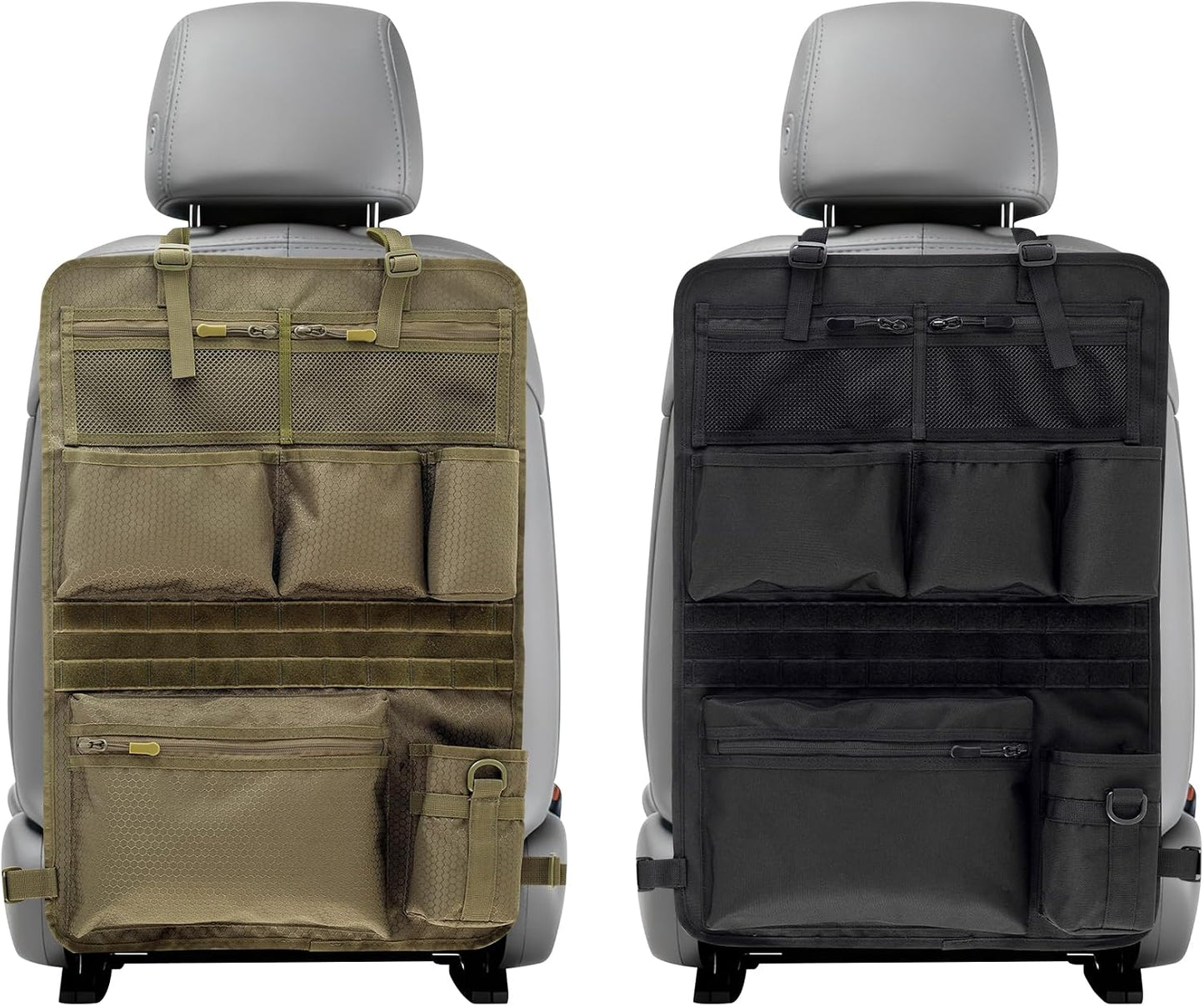 Backseat Car Organizer,Tactical Car Seat Back Organizer, Kick Mats Back Seat Protector with Three Zippered Storage pockets, Travel Accessories with 8 Storage Pockets And DIY zone (Black)