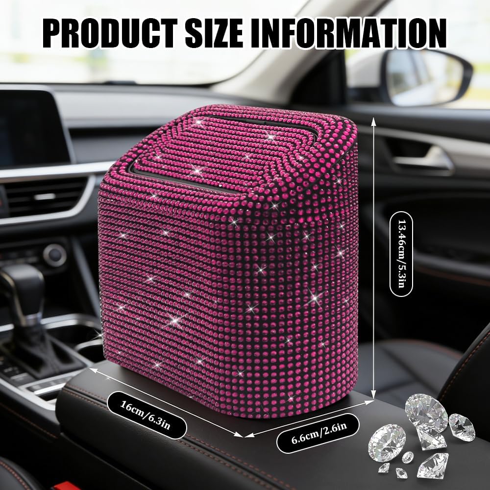 Bling Car Trash Can with Lid, Sparkly Rhinestone Auto Hanging Dustbin, Leakproof Plastic Auto Flip-Top Trash Bin, Bling Litter Container Organizer Box for Car, Home, Office and More (Pink)