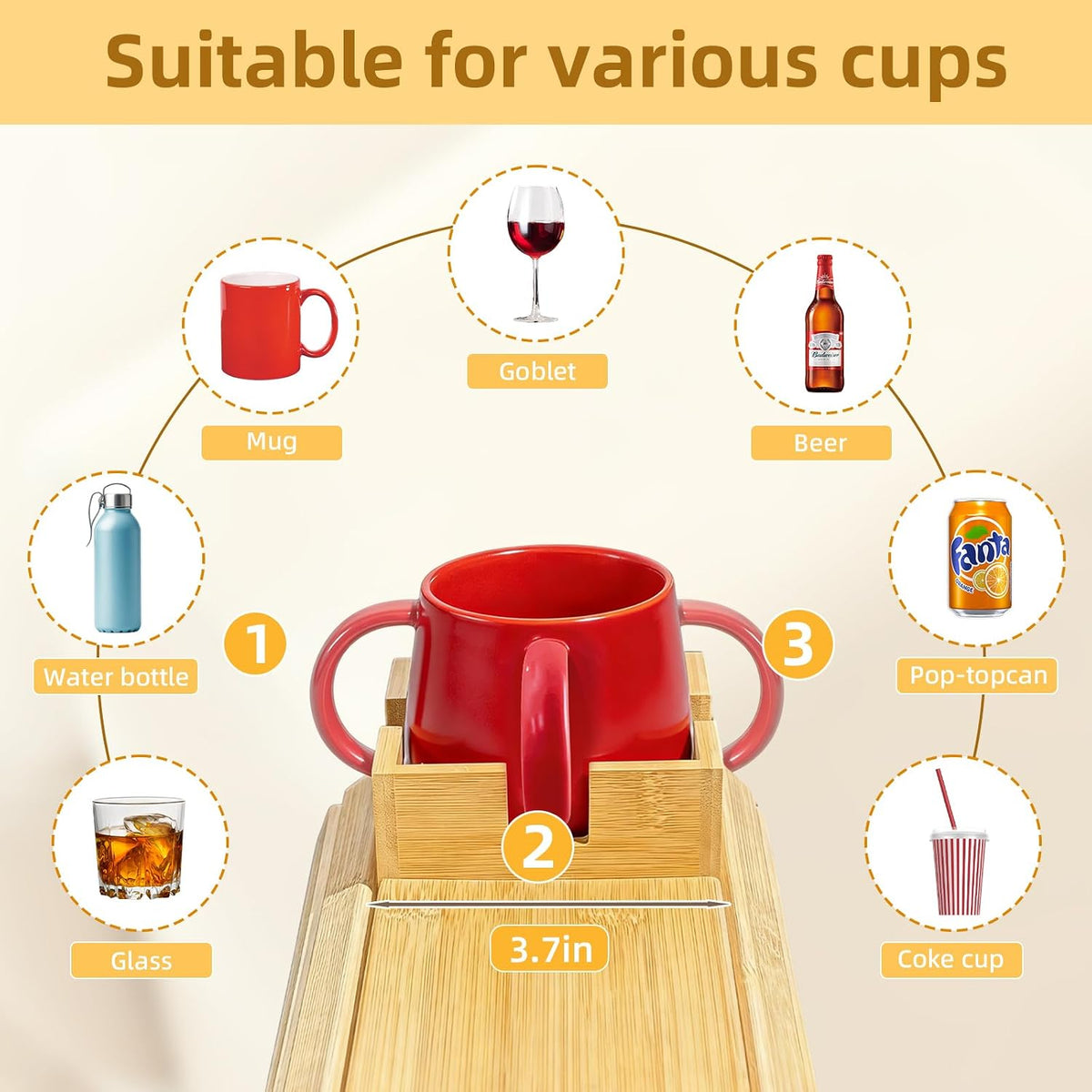 Bamboo Couch Cup Holder & Armrest Tray - Extend Your Comfort with a Secure Drink Slot and Snack Space for Recliner, Loveseat, or Sofa (Extra Large)