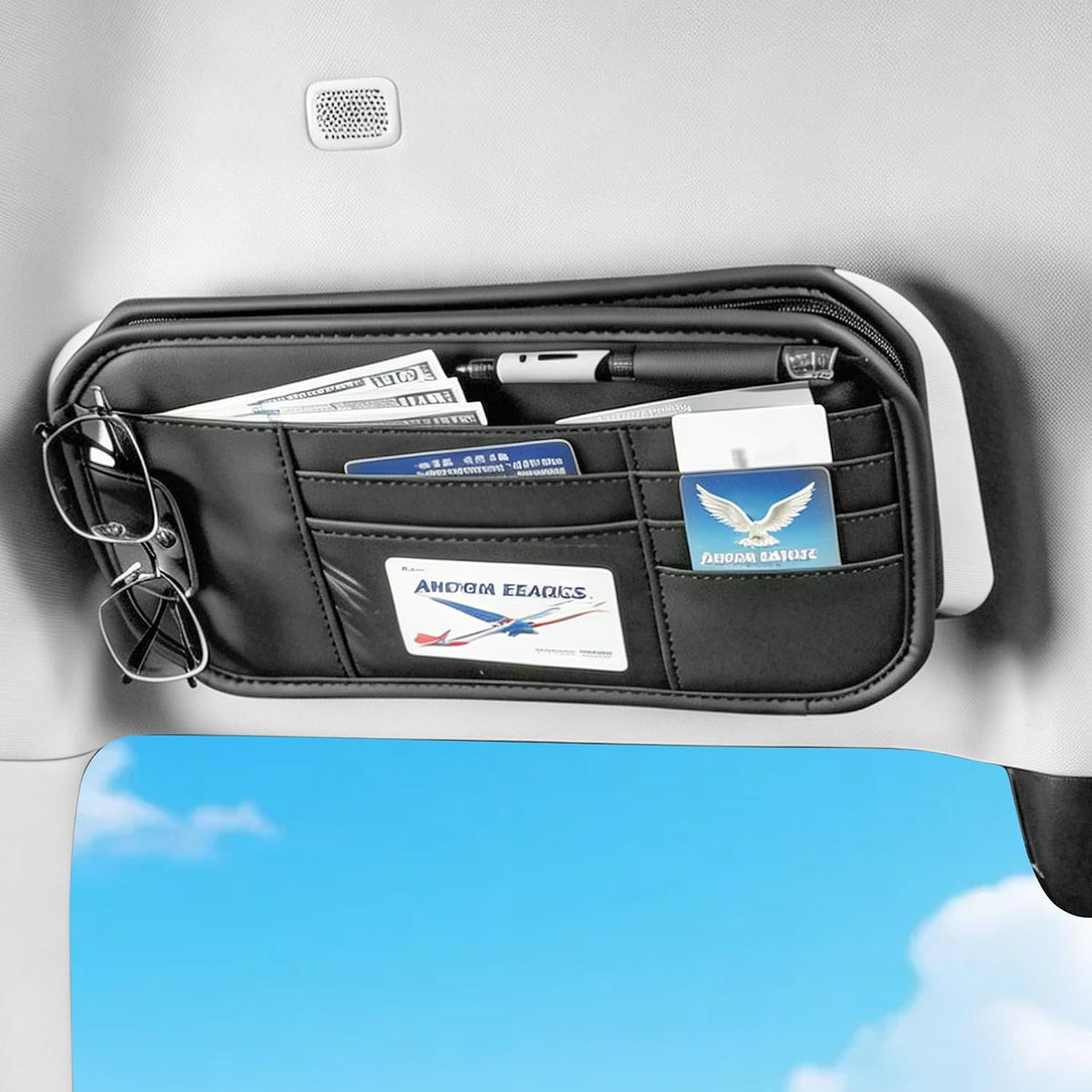 Car Sun Visor Organizer with Multi Pockets PU Leather Zipper Bag