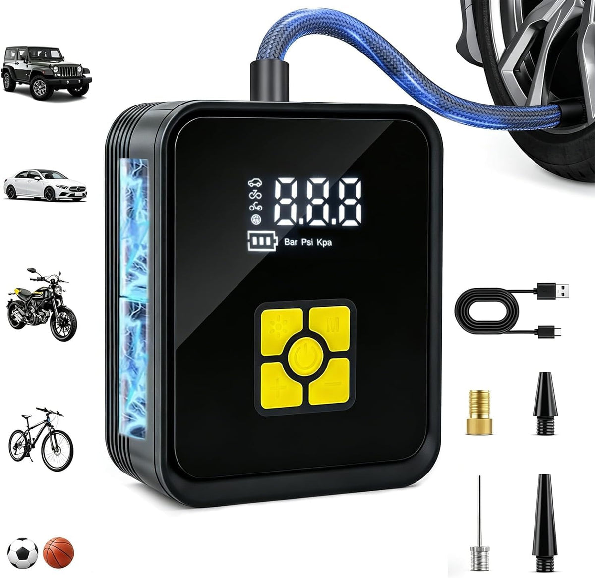 Tire Inflator Portable Air Compressor, Cordless Air Pump with Auto Shut-off for Car, Motorcycle, Bikes, Balls with LED Flashlight & Emergency Power Bank