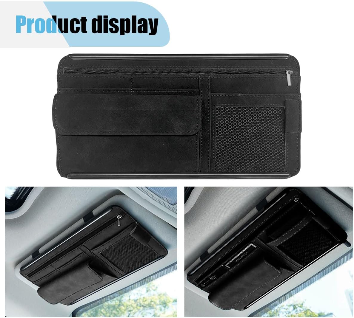 Suede Car Sun Visor Organizer with Multi-Pocket Net Zipper, Glasses Case, Sunglass Holder for Interior Accessories (Black)
