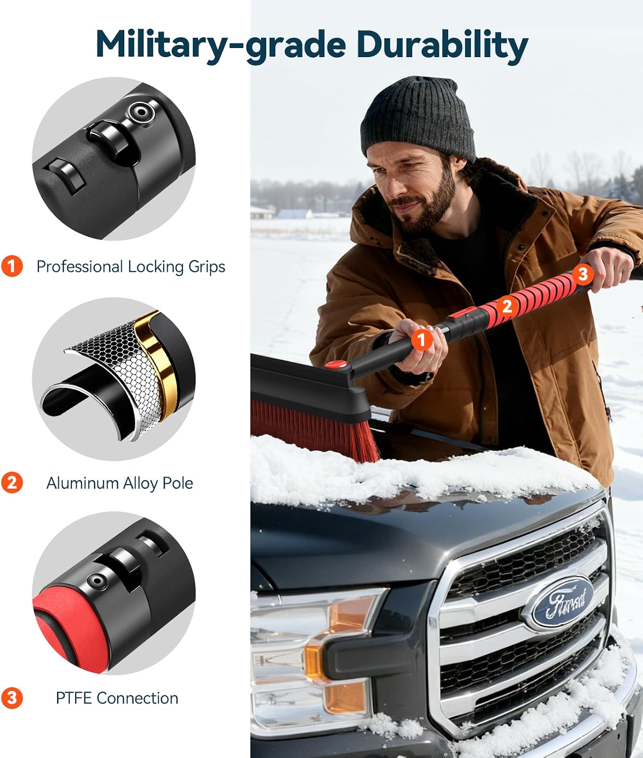 TrySpace All-Around High-Efficiency Cleaning 39 inch Extendable Snow Brush and Ice Scraper with Squeegee, Ice Scrapers for Car Windshield, Truck, SUV Snow Removal Tool, Winter Car Accessories