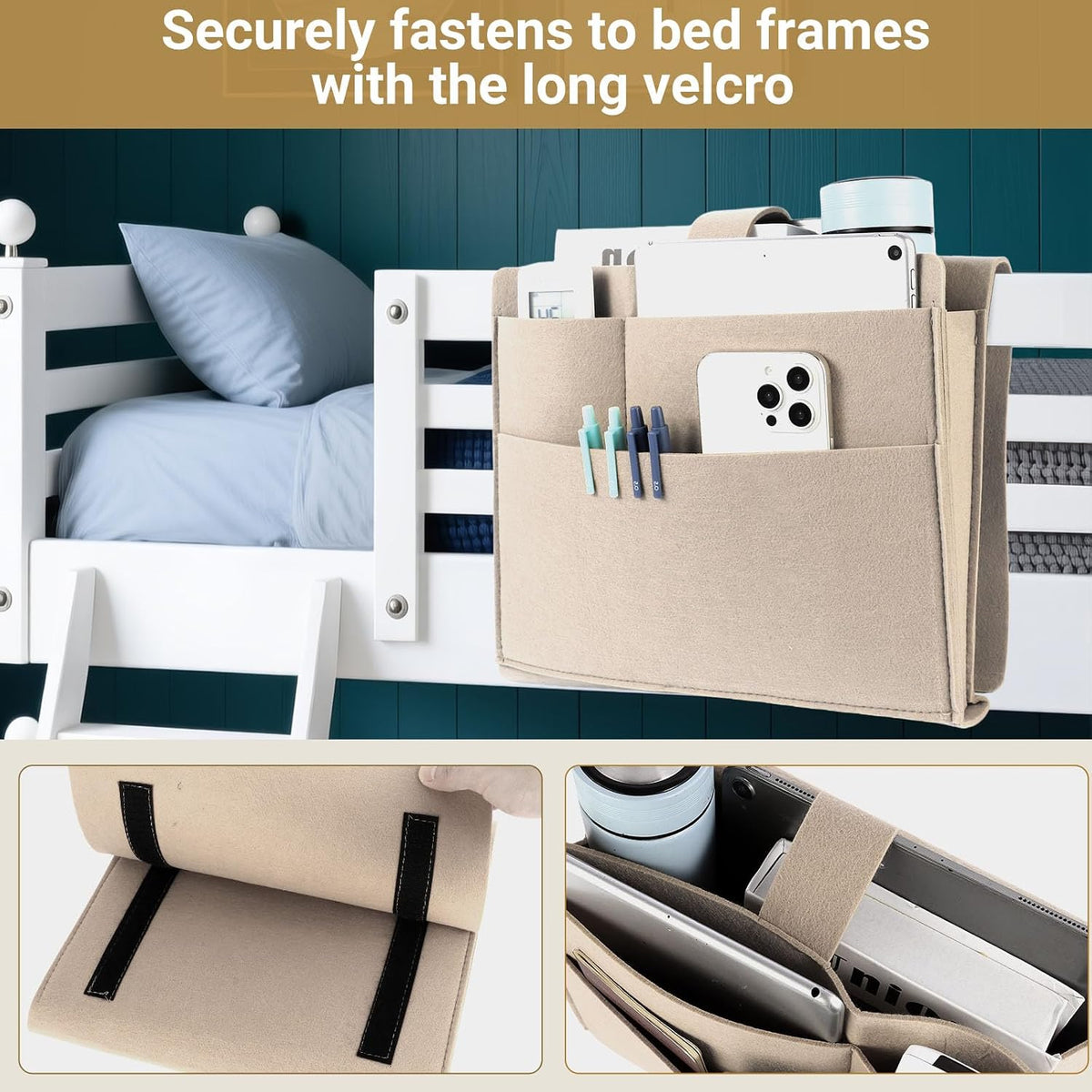 Seefoo Bedside Caddy, Large Bed Caddy Organizer with Cord Slit, Beige