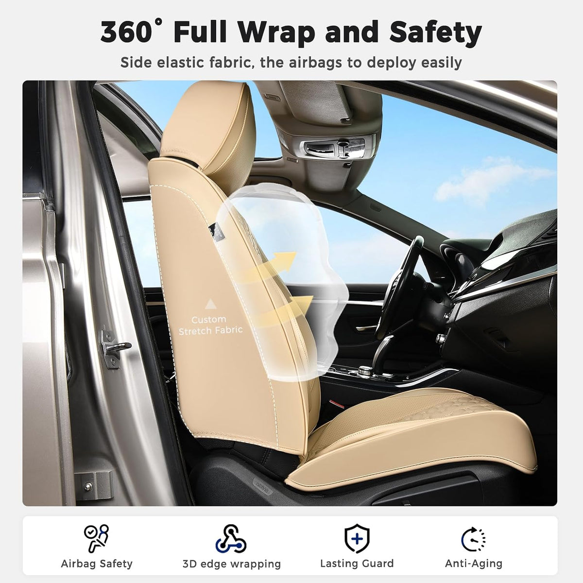 Huidasource Front Leather Seat Covers, Car Seat Covers Front Seats Universal Fit for Most Cars SUV Trucks, 360° Full Wrap Luxury Automotive Seat Covers, Seat Cushion Covers Protector, Beige