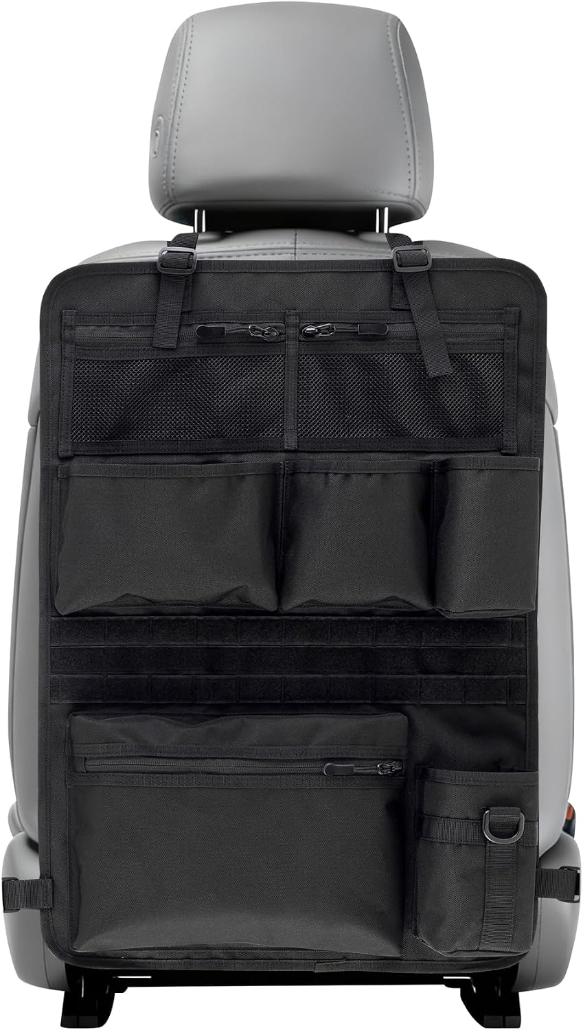 Backseat Car Organizer,Tactical Car Seat Back Organizer, Kick Mats Back Seat Protector with Three Zippered Storage pockets, Travel Accessories with 8 Storage Pockets And DIY zone (Black)
