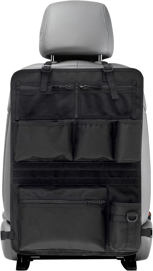 Backseat Car Organizer,Tactical Car Seat Back Organizer, Kick Mats Back Seat Protector with Three Zippered Storage pockets, Travel Accessories with 8 Storage Pockets And DIY zone (Black)