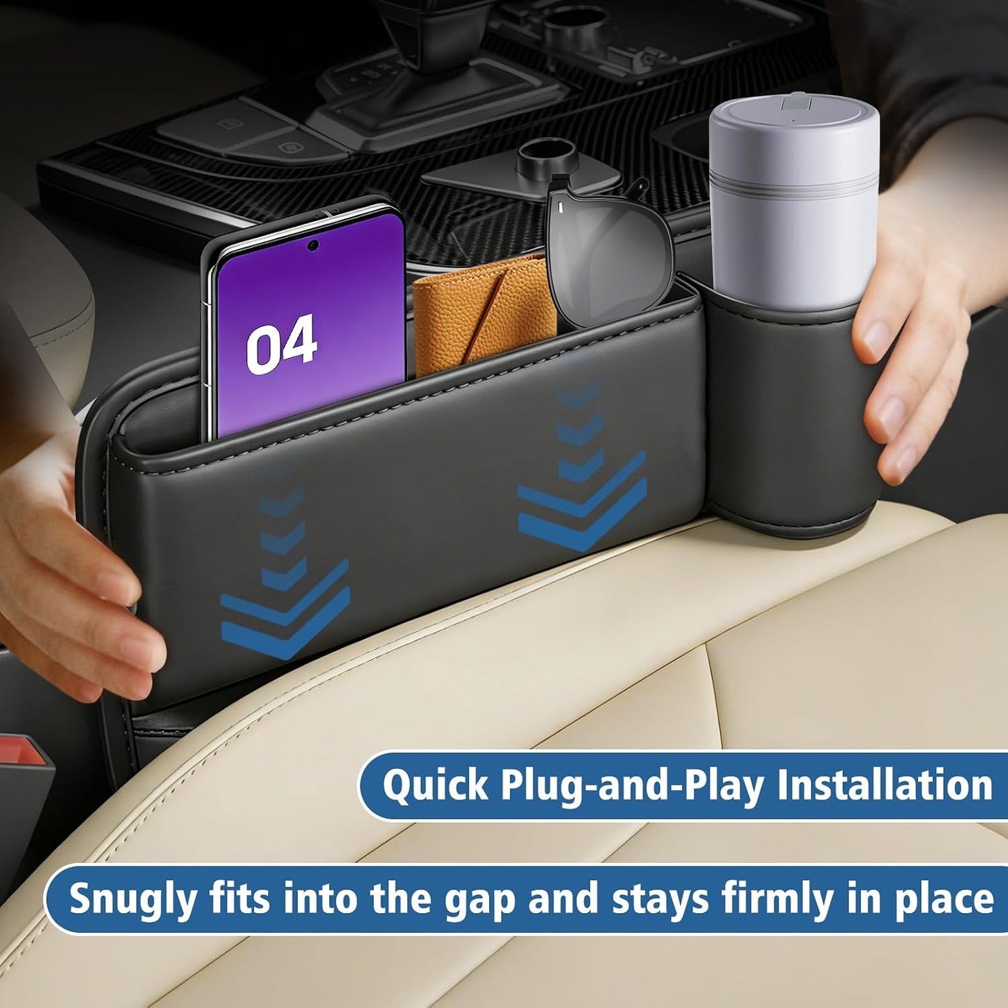 2PCS Black Leather Seat Gap Filler Organizer, Front Seat Gap Storage Box with Cup Holder and Charging Hole, Car Organizer for Phone, Keys, Sunglasses and Drink, Universal Fit Left and Right Side