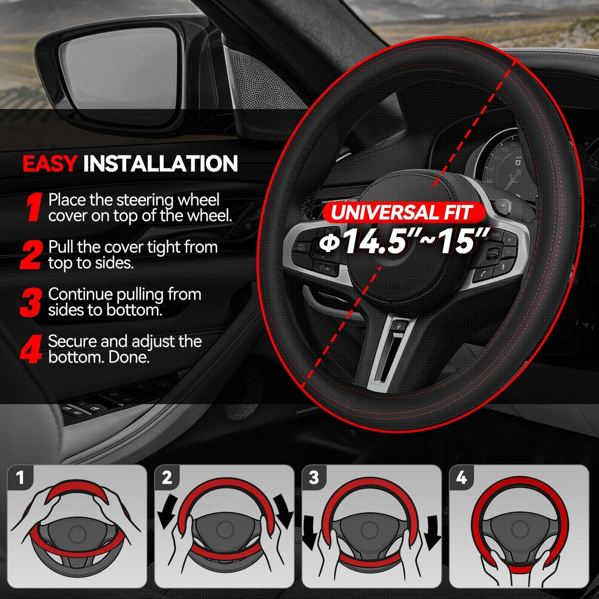 Auto Dynasty Leather Car Steering Wheel Cover Universal 14.5-15 Inch