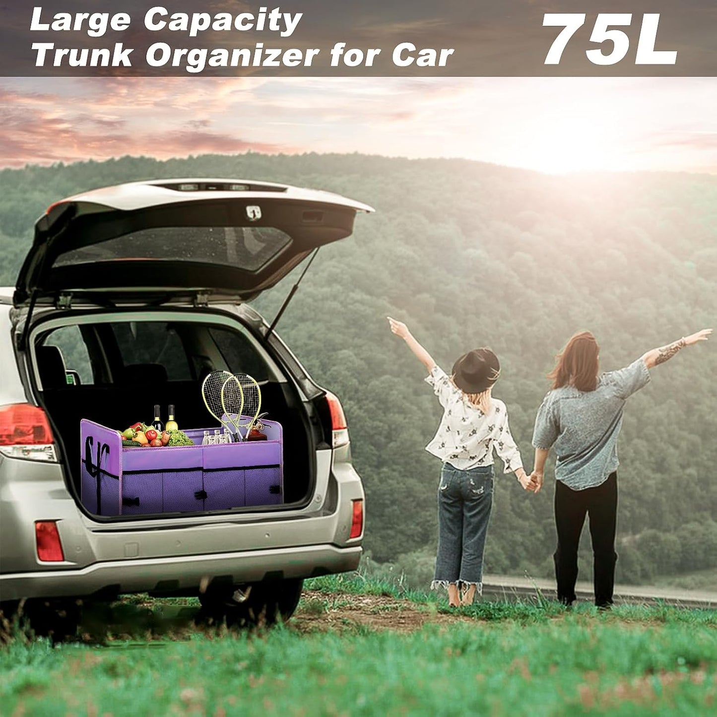 Car Trunk Organizer with Individual Cooler Bag - 2 Compartment Collapsible Car Storage for SUV (Purple)