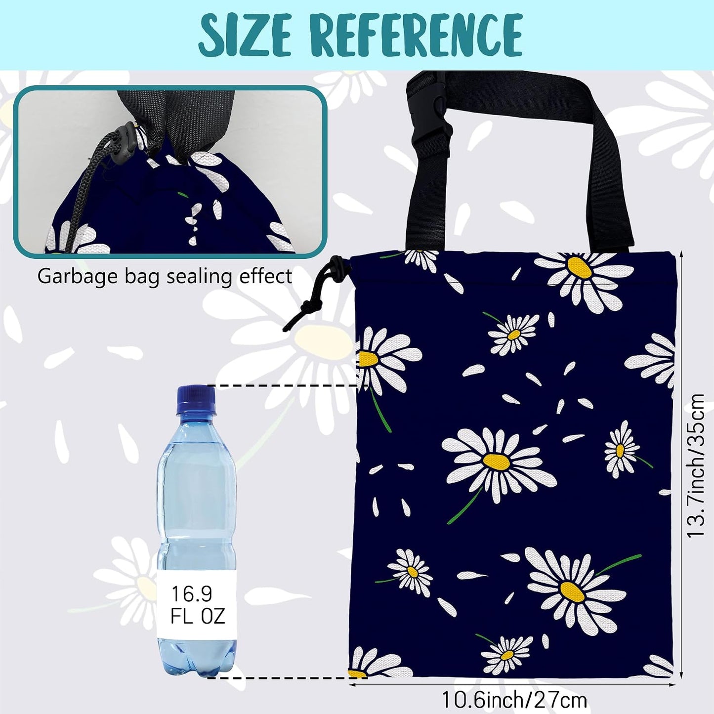 Car Garbage Bag Colorful Floral Spring Daisy Drawstring Car Trash Bag Hanging for Back Seat with Adjustable Buckle Canvas Vehicle Trash Can Easy-to-Install