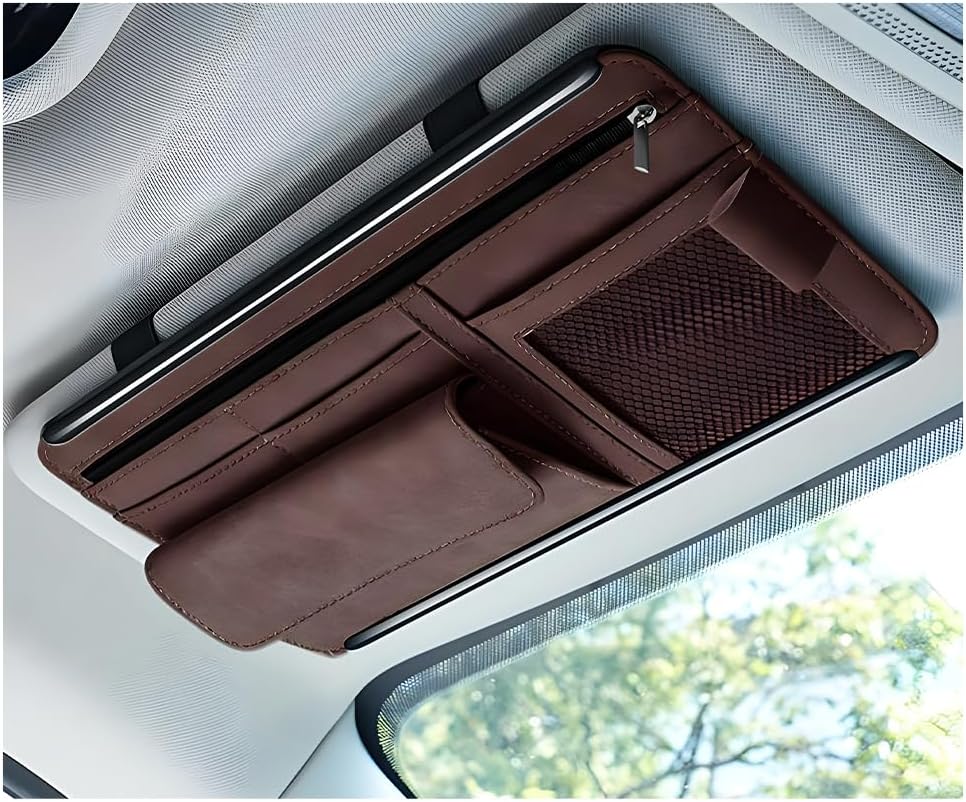 Yourkar Car Sun Visor Organizer, Soft Leather Surface Eyeglasses Note Card Holder Car Storage Bag, Scratch-Resistant Waterproof Auto Sunshade Organizer Bag, Car Accessories (Brown)