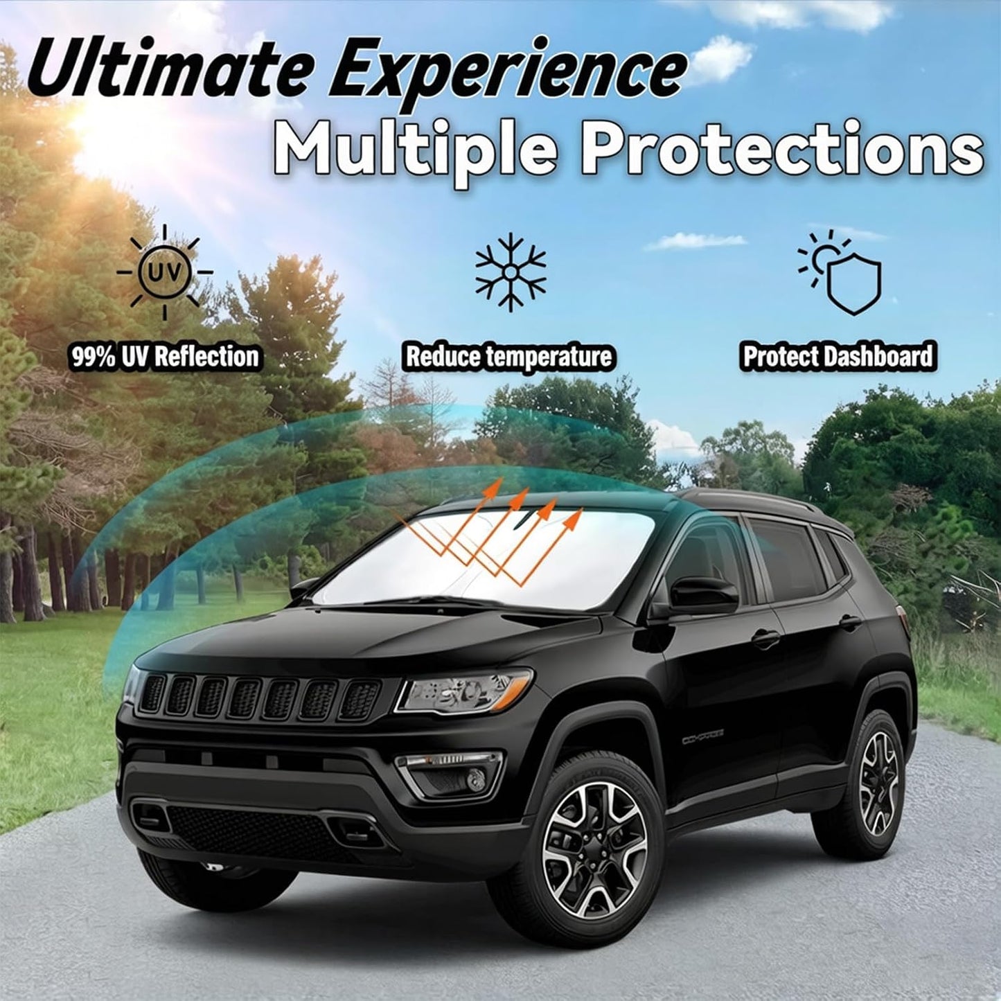 Windshield Sun Shade for Jeep Compass 2017-2025 | Car Front Window Sunshade with 240T Sun Visor Protector Blocks UV Rays Heat Sun Shield Accessories
