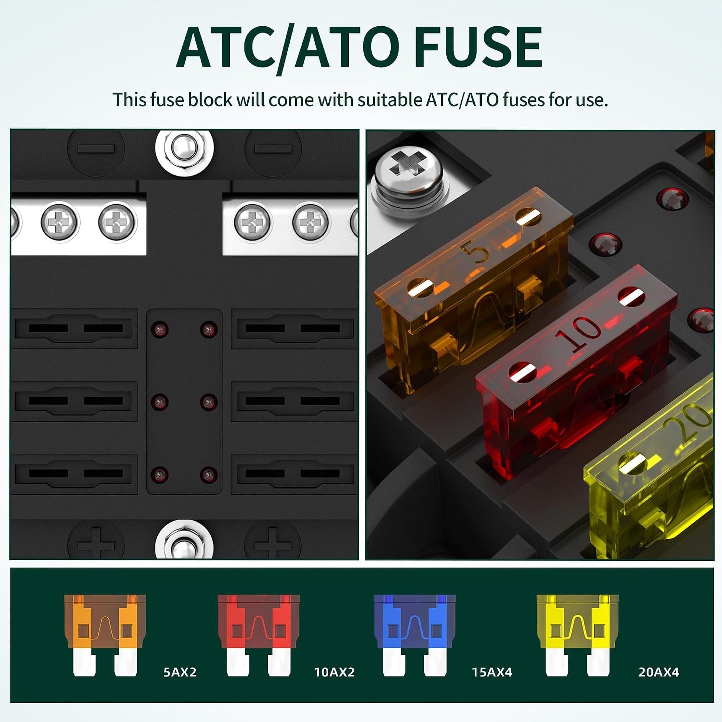 DaierTek 12V Fuse Block 6 Way 12 Volt Fuse Box ATO/ATC Marine Fuse Panel with LED Indicator Light Waterproof 24V for Automotive Boat Car Truck
