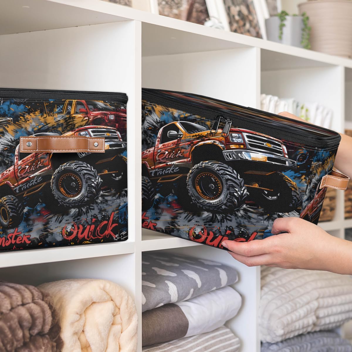 Storage Bin with Lid, Stackable Closet Storage Bins, Cool Trucks Decorative Bedroom Organizer Box, Lidded Baskets Living Room Storages Boxes Cube Organizer, Cute Container with Handles