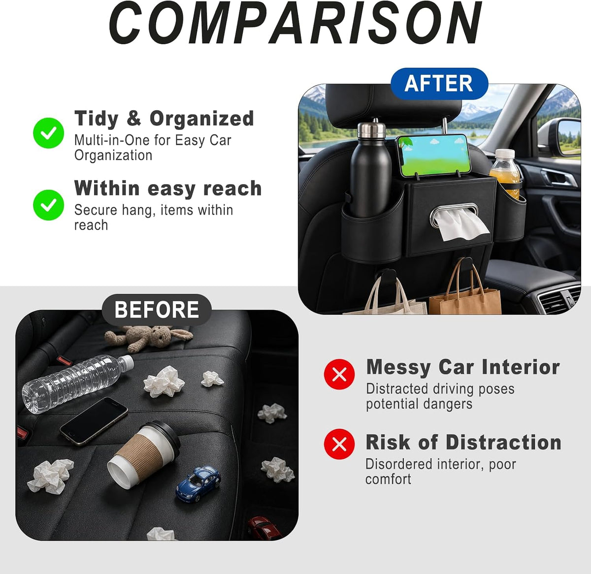 4-in-1 Backseat Car Organizer, Car Headrest Backseat Organizer with Hooks