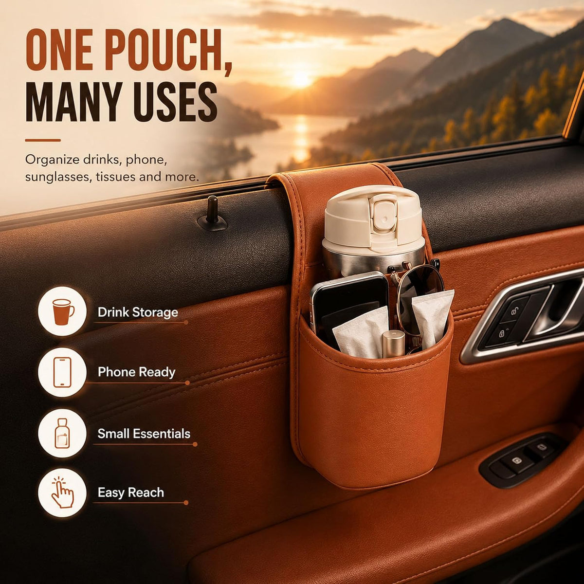 2027 Leather Car Door Cup Holder for Window, Wide-Mouth Organizer for Drinks & Phone (2Orange)