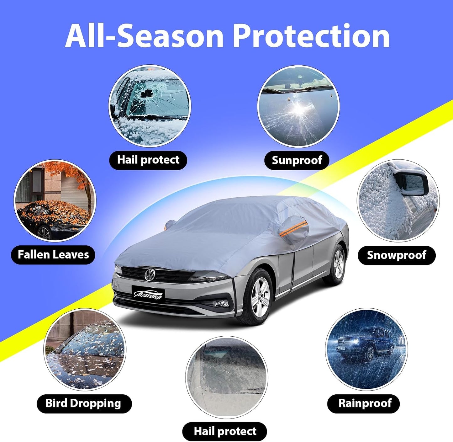 Half Car Cover SUV, Top Cover for Windshield & Sunroof Protection with Cotton Liner, Hail Protector Car Cover Waterproof All Weather for Snow, Sun,Rain,Dust,Size M