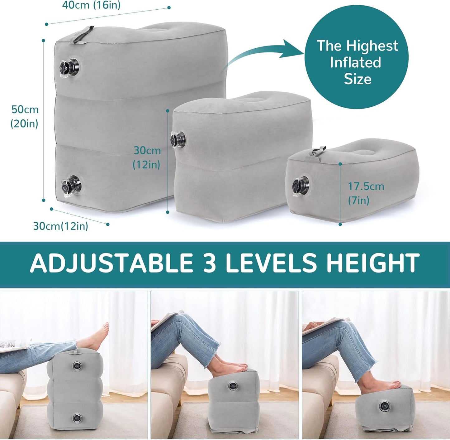 Inflatable Travel Foot Rest Pillow, Adjustable 3 Layers Height Leg Rest Pillow, Kids Airplane Bed, Adults Travel Essentials on Plane, Trains, Cars, Office, Home (Grey, 1 PC)