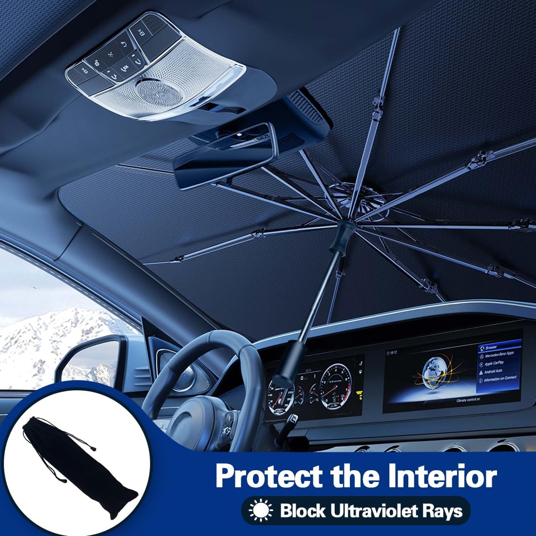 2026 Windshield Sun Shade Umbrella, Foldable Car Umbrella Sunshade with UV Block Car Front Window (Heat Insulation Protection) for Auto Windshield Covers Blackout Trucks Cars (Large)