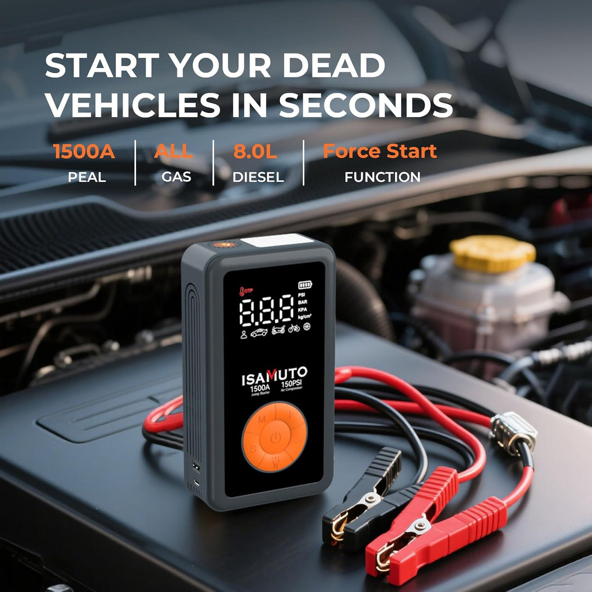 Jump Starter with Air Compressor, Real 1500A 150PSI Portable Car Battery Jump Starter (8L Gas 6L Diesel Engine) with 12000mAh 12V Jump Box Car Battery with Jumper Cables,Emergency LED Light