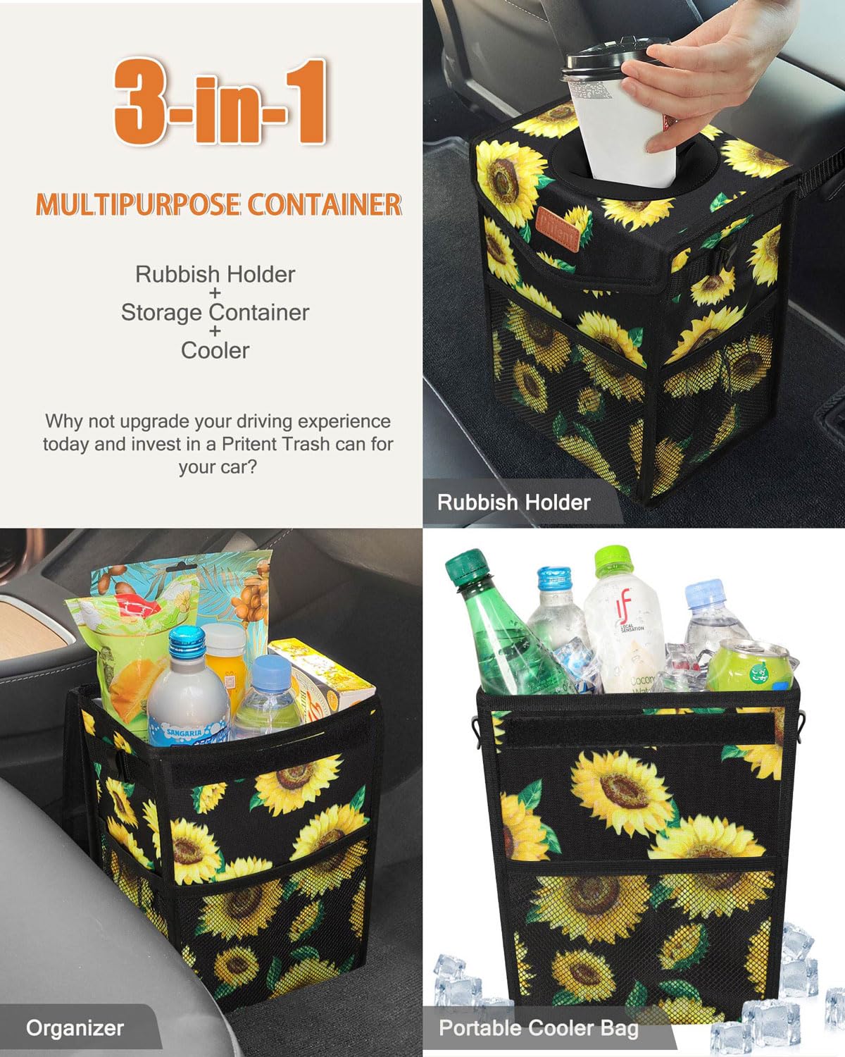 Pritent Car Trash Can with Lid Leakproof Car Garbage Bag Vehicle Trash Bin