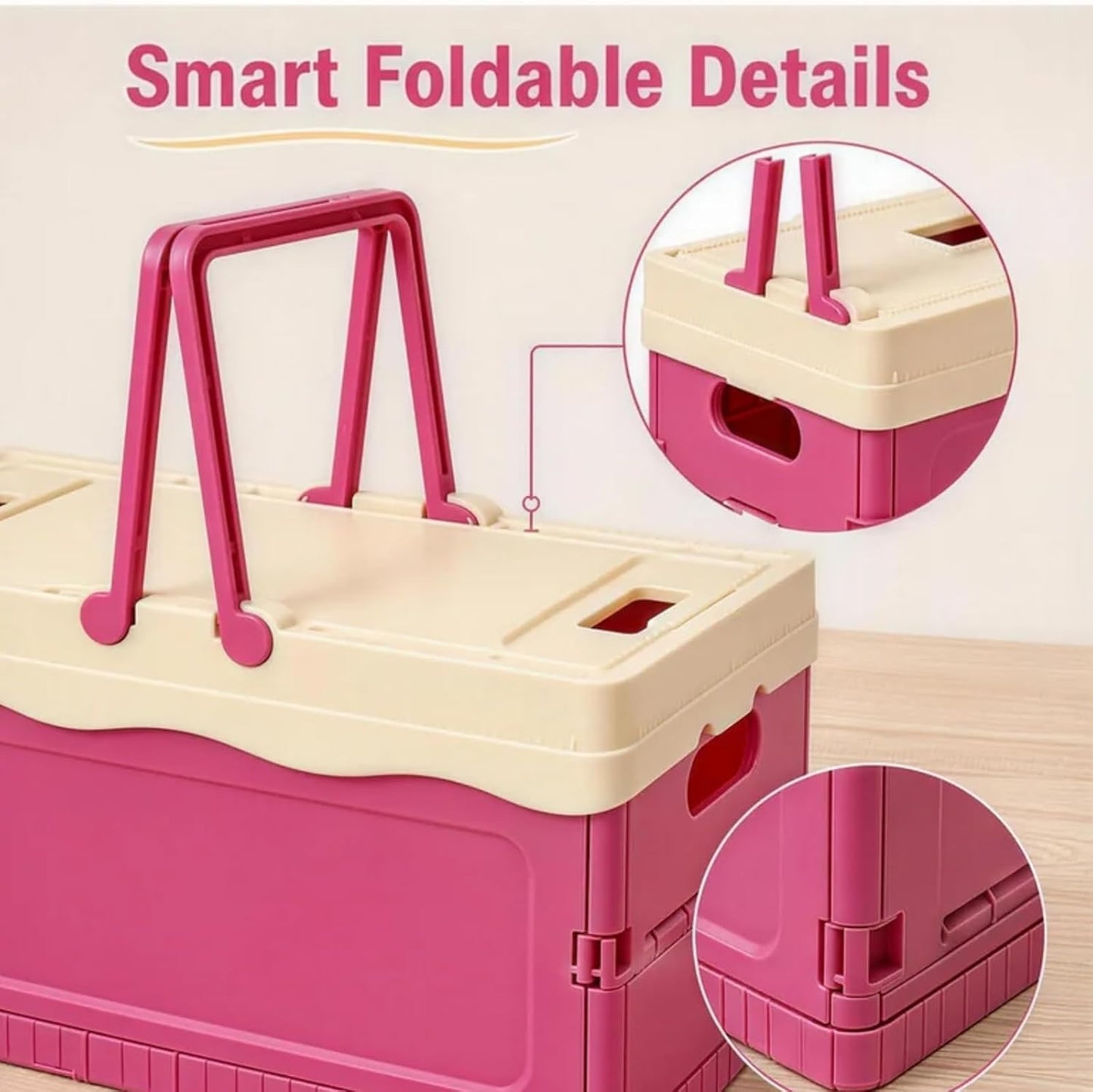 Pink Storage Bins with Lids, Foldable Storage Basket, Collapsible Plastic Organizer Bin with Handle, Portable Stackable Container for Home, Kitchen, Bedroom, Office, Car, Picnic