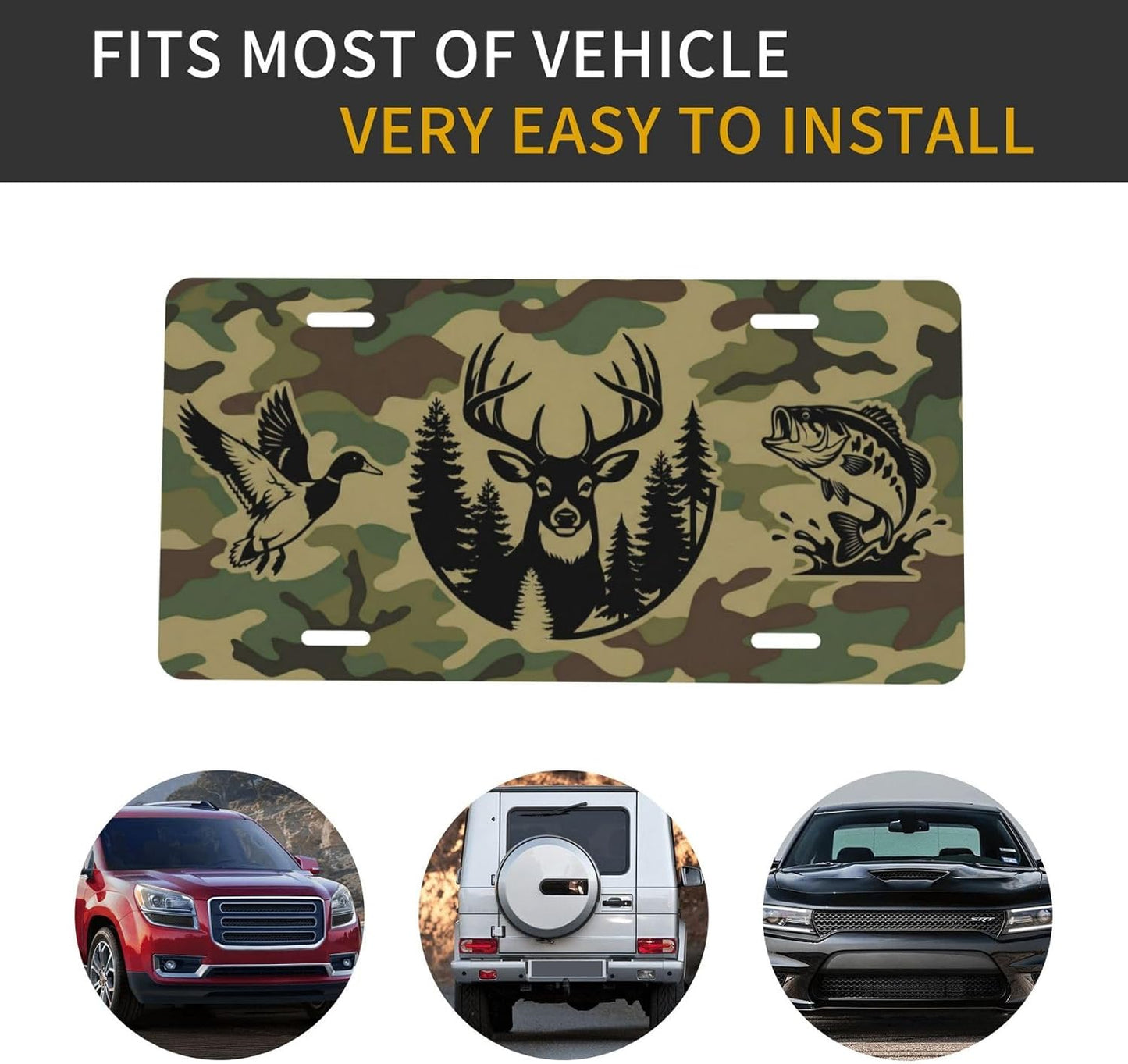 Camo Wildlife Deer Duck Bass Aluminum License Plate 6x12 | Camo Wildlife Decor, Standard 6x12 In, UV Printed Aluminum, 4 Pre-drilled Holes, Outdoor Front Plate, Not for DMV Use.