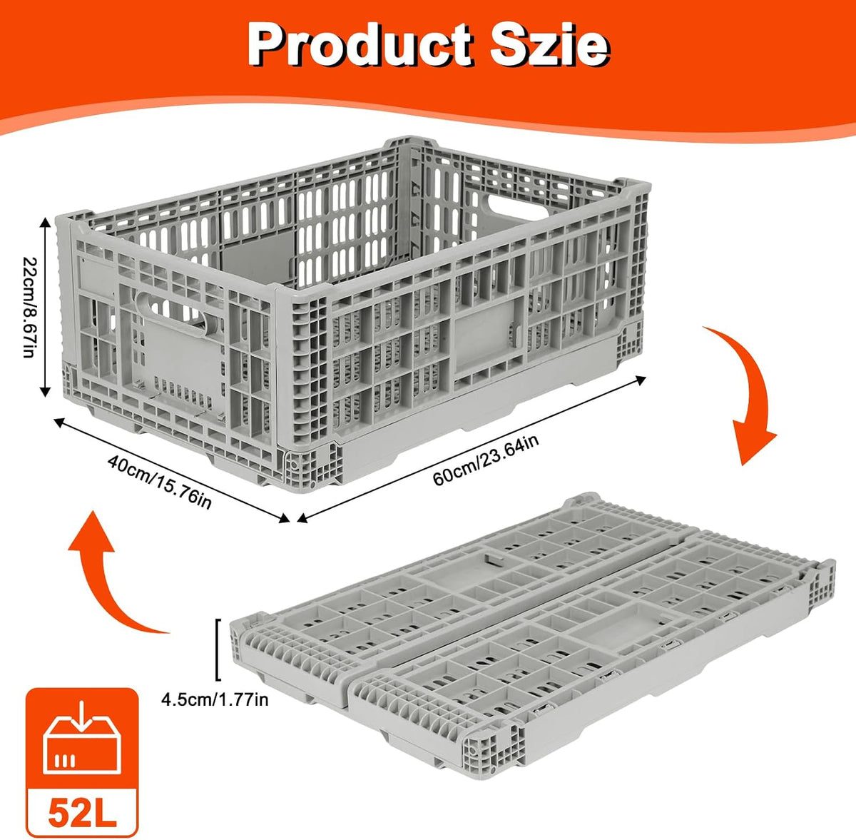 52L Collapsible Crate with Handles, Milk Crates Heavy Duty,