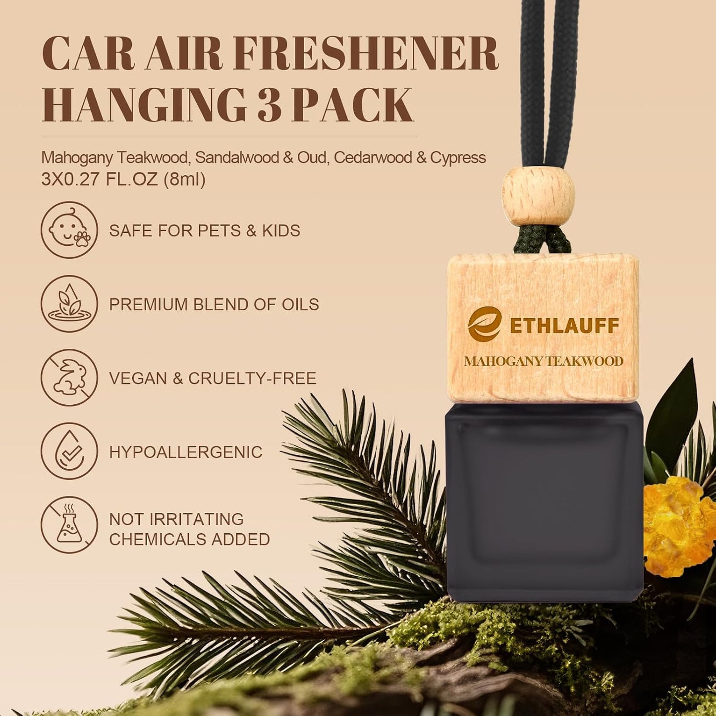 Car Air Freshener 3 Pcs, Cedarwood & Cypress, Sandalwood & Oud, Teakwood Mahogany