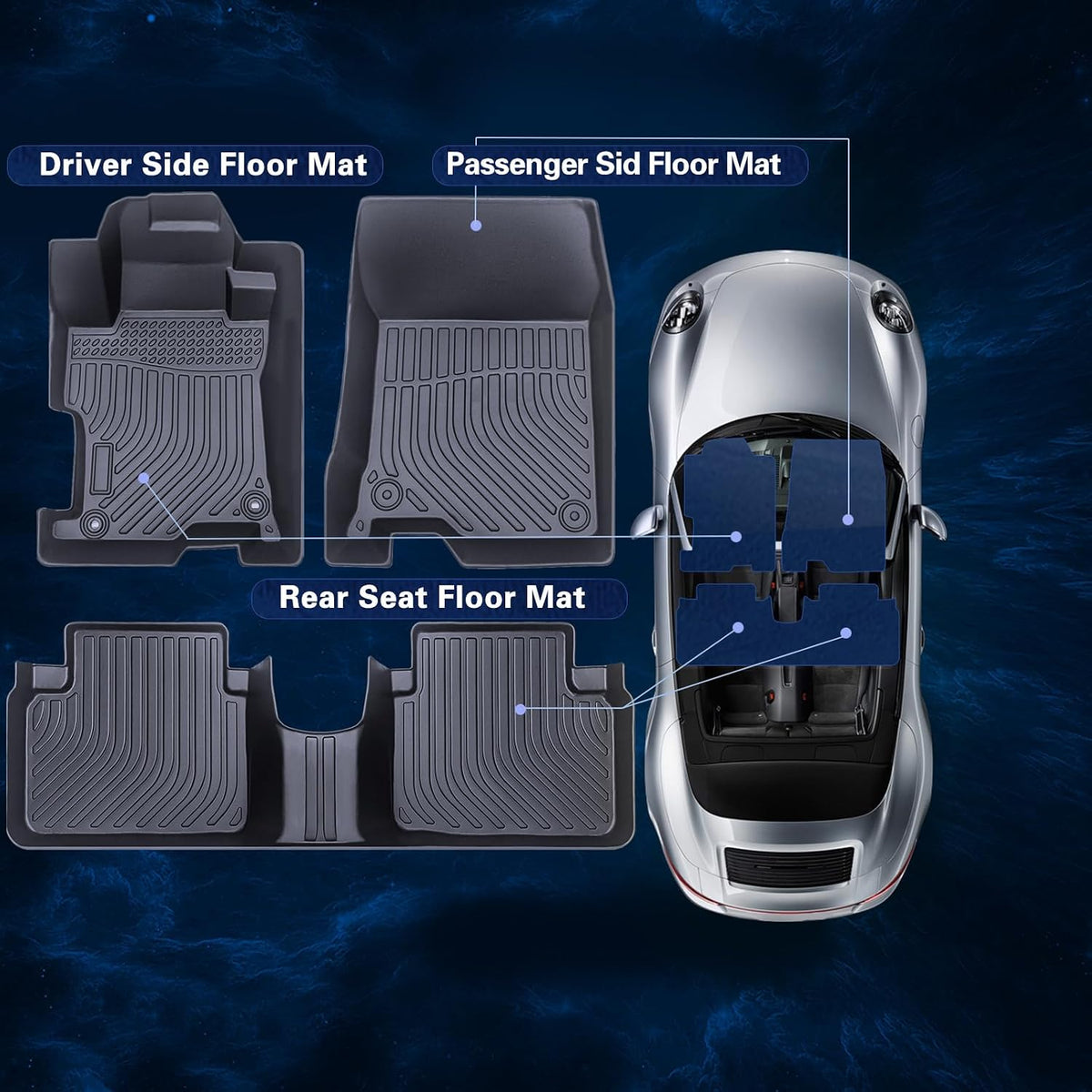 All Weather Rubber Floor Mats Compatible with 2013-2017 Honda Accord, 3Pcs Car Automotive Floor Mats & Cargo Liners Black