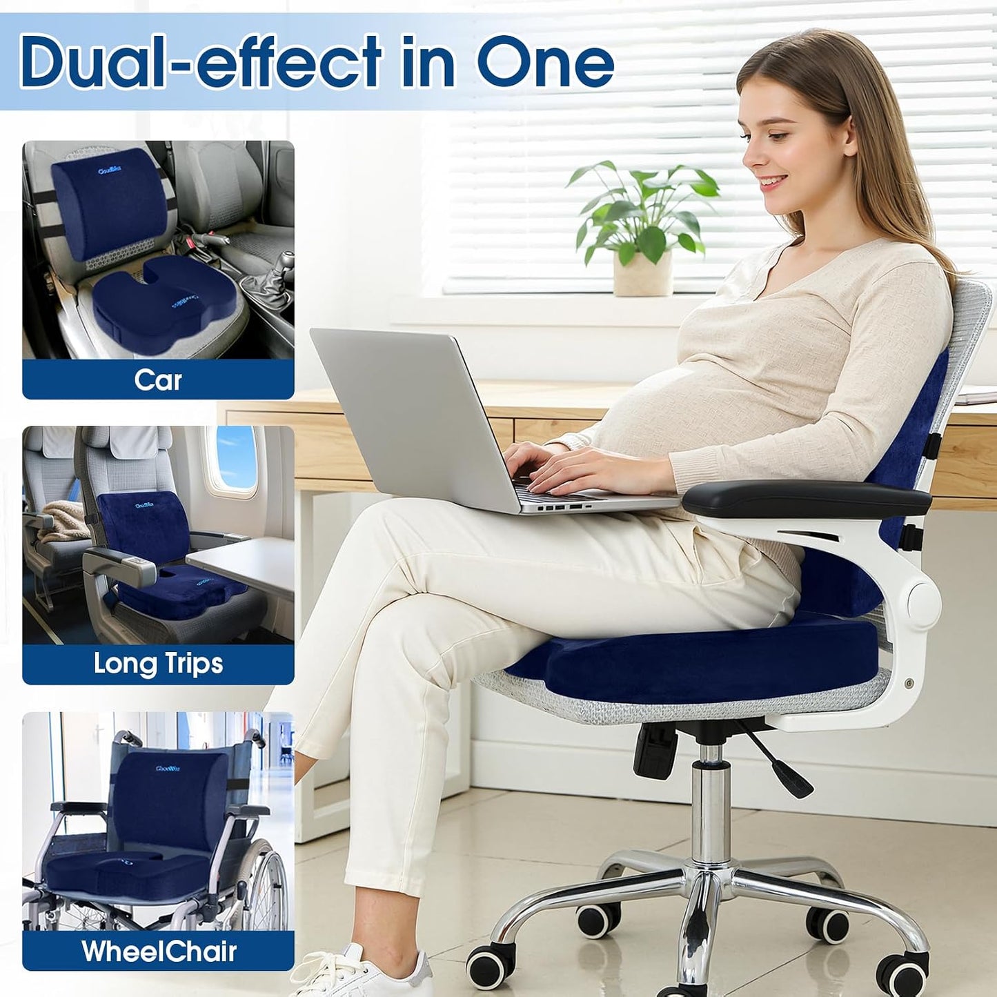 CloudBliss Lumbar Support Pillow & Seat Cushion Set for Office Chair, Desk Chair, Wheelchair & Car – Memory Foam Back Support, Ergonomic Chair Cushions, Sciatica Pain Relief, Home Essentials, Blue