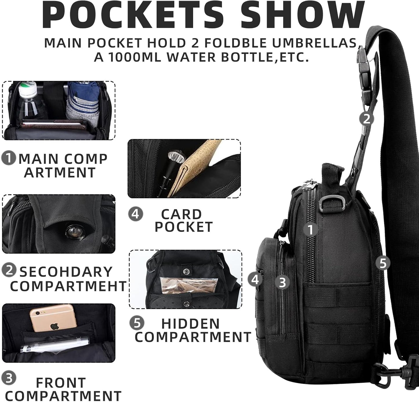 J.SH Tactical Sling Bag, Military MOLLE System Crossbody Bag, Waterproof Durable High-Density Nylon Material, 4-in-1 Carry Design, for Hiking, Cycling, Travel, Commuting, Outdoor and EDC - Black
