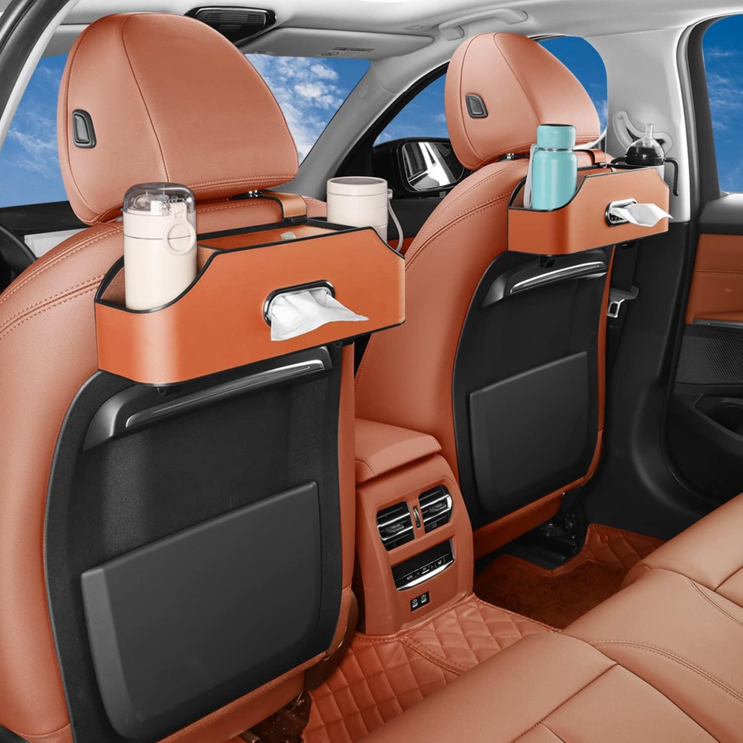 Car Seat Back Organizer - Stylish & Functional Storage for Family Adventures - Cup Holders, Tissue Box & Hooks - Perfect for Kids, Road Trips & Travel (Orange)